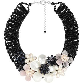 Midnight Garden Cultured Freshwater Pearl and Crystal Beads Floral Statement Necklace