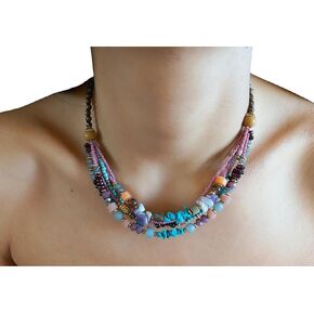 Turkish ethnic necklace for women, Handmade gemstone jewelry, Multi-strand beaded necklace, Chunky statement necklace, Antique vintage style jewelry, Bohemian big necklace, Turkish bib necklace
