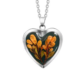 Handmade Dryed Pressed Flower Heart Shaped Photo Locket Pendant Necklace (Silver, White on Red)