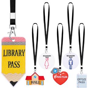 6 Sets Embroidery Hall Pass Lanyards Cute School Passes Set for Teachers Embroidered Classroom Passes for Bathroom, Library, Office and Nurse Classroom School Supplies Gifts