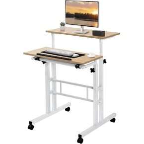 VECELO Mobile Small Standing Desk Adjustable Height, Computer Workstations with Tiltable Tabletop, Lockable Wheels, Portable Rolling Laptop Desk for Home Office, 27.5 Inch Compact Design, Oak
