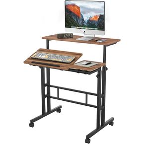 VECELO Small Mobile Standing Desk 24 Inch, Adjustable Height Portable Stand Up Desk with Wheels Computer Workstations, Rolling Laptop Cart, Oak