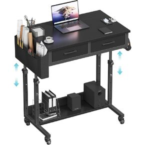 Small Portable Rolling Standing Desk - 32 Inch Adjustable Mobile Stand Up Desks with 2 Fabric Drawers on Wheels, Couch Sofa Side Laptop Table with Storage for Bedroom Home Office, Black