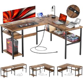 Reversible L Shaped Computer Desk with Power Outlets and USB Charging Ports, Sturdy Corner Desk with Storage Shelf, Modern Work Gaming Table for Home Office, Easy to Assemble, Black