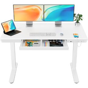ErGear Electric Standing Desk with Drawers & USB Charging Ports, 48 x 24 Wood Height Adjustable Desk Whole Piece Home Office Computer Desk, White