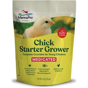 Manna Pro Medicated Chick Starter Grower - Crumbled Chick Feed - Feed for Young Chickens - 6-Pack of 5lbs