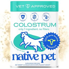 Native Pet Colostrum for Dogs – Bovine Colostrum Powder – Allergy Relief, Immune Support & Itchy Skin Treatment – Dog Multivitamins for Skin & Gut Health – Puppy Milk Replacement & Prebiotic -120 ct.