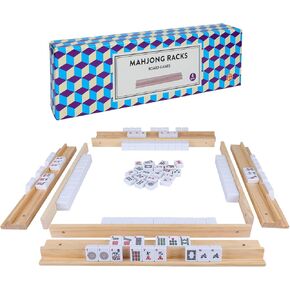 Wooden Mahjong Racks, Set of 4 Trays for Mahjong Game, Premium Holders for Mahjong, Mexican Train, Dominoes and More Game Stands (Includes Magnetically Attached Mahjong Pushers)
