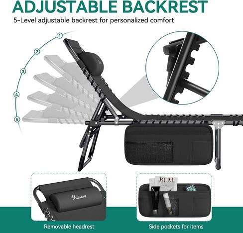 YITAHOME Patio Lounge Chair, Portable Reclining Chairse Lounge Folding Camping Cot 5 Posistion Adjustable w/Head Pillow & Portable Handbag for Camping, Pool, Beach and Patio, Black in Saudi Arabia