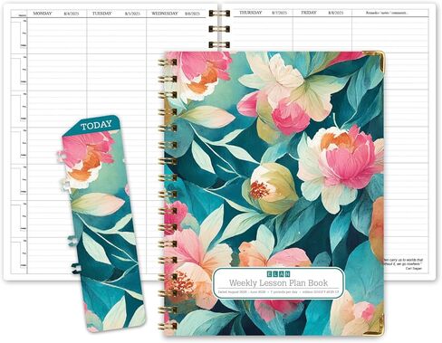 Elan Publishing Company HARDCOVER 7 Period Dated Teacher Lesson Plan; Days Horizontally Across The Top Dated for 2025-2026 Academic Year with Bonus Clip-in Bookmark (Teal Floral) in Kuwait
