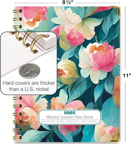 Elan Publishing Company HARDCOVER 7 Period Dated Teacher Lesson Plan; Days Horizontally Across The Top Dated for 2025-2026 Academic Year with Bonus Clip-in Bookmark (Teal Floral) in Kuwait