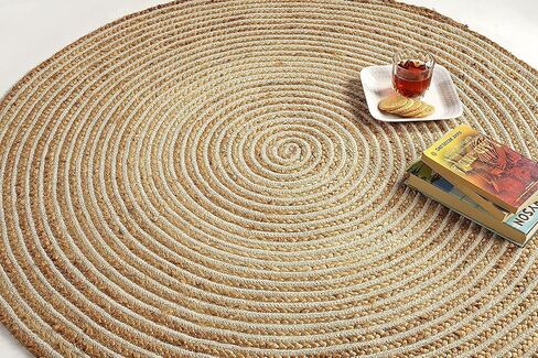 GRUHUM Round Jute Area Rug 8ft Natural Fiber Multicolour Handmade Boho Charm Farmhouse Soft Braided Rustic Vintage Rug for Indoor Kitchen Bedroom Living Room Hallways Enterways(8' feet Round) in Saudi Arabia