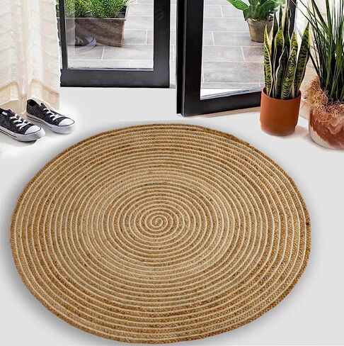 GRUHUM Round Jute Area Rug 8ft Natural Fiber Multicolour Handmade Boho Charm Farmhouse Soft Braided Rustic Vintage Rug for Indoor Kitchen Bedroom Living Room Hallways Enterways(8' feet Round) in Saudi Arabia