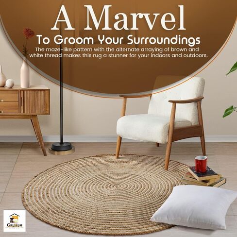 GRUHUM Round Jute Area Rug 8ft Natural Fiber Multicolour Handmade Boho Charm Farmhouse Soft Braided Rustic Vintage Rug for Indoor Kitchen Bedroom Living Room Hallways Enterways(8' feet Round) in Saudi Arabia