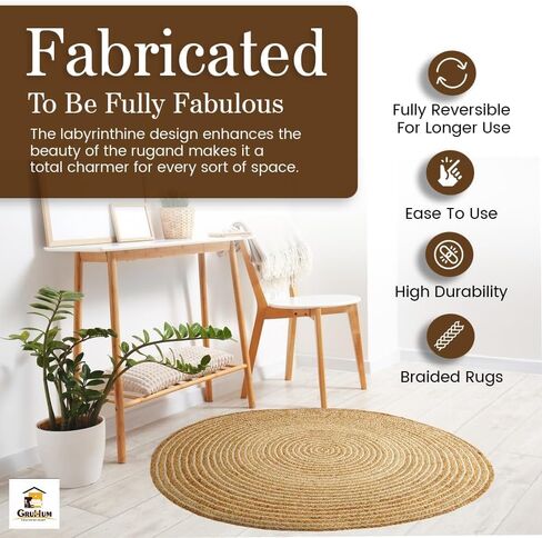 GRUHUM Round Jute Area Rug 8ft Natural Fiber Multicolour Handmade Boho Charm Farmhouse Soft Braided Rustic Vintage Rug for Indoor Kitchen Bedroom Living Room Hallways Enterways(8' feet Round) in Saudi Arabia
