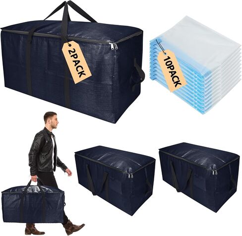 Extra Large Storage Bags Set Heavy Duty Moving Totes with Handles, Waterproof Dual-Durable Storage Totes For Space-Saving Moves, (Dark Blue, 12 Park-2 Moving bag & 10 Vacuum Seal Bags) in Saudi Arabia