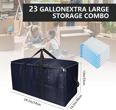 Extra Large Storage Bags Set Heavy Duty Moving Totes with Handles, Waterproof Dual-Durable Storage Totes For Space-Saving Moves, (Dark Blue, 12 Park-2 Moving bag & 10 Vacuum Seal Bags) in Saudi Arabia