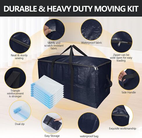 Extra Large Storage Bags Set Heavy Duty Moving Totes with Handles, Waterproof Dual-Durable Storage Totes For Space-Saving Moves, (Dark Blue, 12 Park-2 Moving bag & 10 Vacuum Seal Bags) in Saudi Arabia