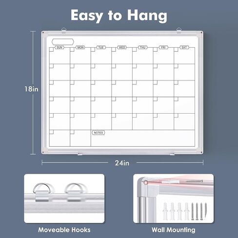 Dry Erase Calendar Whiteboard for Wall, 24 x 18 Inches Magnetic Monthly White Board Calendar, Aluminum Frame Planner WhiteBoard with Markers, Eraser, Magnets in Saudi Arabia