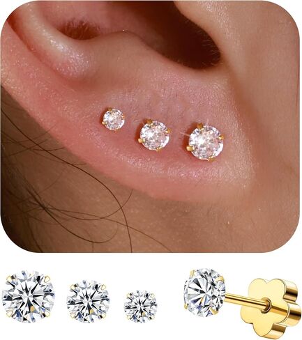 3 Pairs Flatback Stud Earrings for Women Girls Ball Cartilage Stud Earrings Set Screw Flower Back Nap Earrings Stainless Steel 14K Gold Earrings Gift for Women in Saudi Arabia