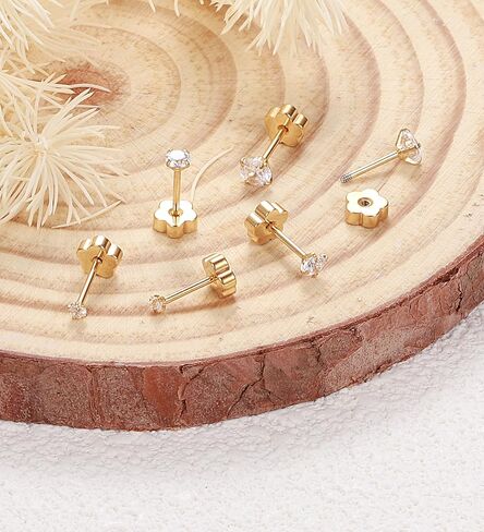 3 Pairs Flatback Stud Earrings for Women Girls Ball Cartilage Stud Earrings Set Screw Flower Back Nap Earrings Stainless Steel 14K Gold Earrings Gift for Women in Saudi Arabia