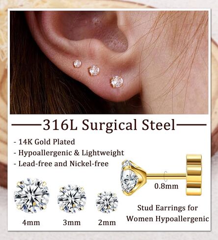 3 Pairs Flatback Stud Earrings for Women Girls Ball Cartilage Stud Earrings Set Screw Flower Back Nap Earrings Stainless Steel 14K Gold Earrings Gift for Women in Saudi Arabia