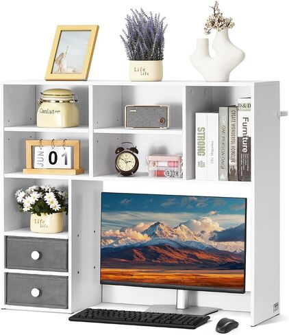VEVOR Desktop Bookshelf, 3-Tier Desktop Storage Organizer, 37" x 10" x 31.1" Office Storage Rack Wood Display Shelf, Desktop Bookshelf Hutch with Two Fabric Drawers, for Office, Home & Dorm, White in Saudi Arabia