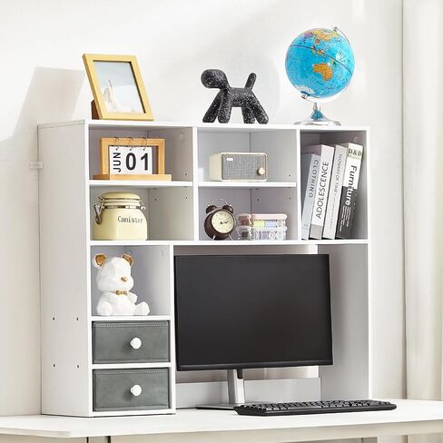 VEVOR Desktop Bookshelf, 3-Tier Desktop Storage Organizer, 37" x 10" x 31.1" Office Storage Rack Wood Display Shelf, Desktop Bookshelf Hutch with Two Fabric Drawers, for Office, Home & Dorm, White in Saudi Arabia