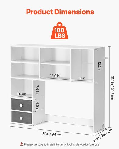 VEVOR Desktop Bookshelf, 3-Tier Desktop Storage Organizer, 37" x 10" x 31.1" Office Storage Rack Wood Display Shelf, Desktop Bookshelf Hutch with Two Fabric Drawers, for Office, Home & Dorm, White in Saudi Arabia