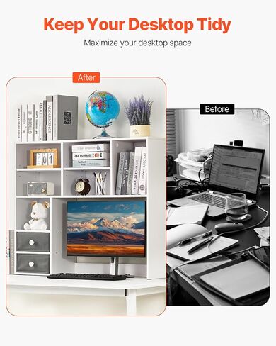 VEVOR Desktop Bookshelf, 3-Tier Desktop Storage Organizer, 37" x 10" x 31.1" Office Storage Rack Wood Display Shelf, Desktop Bookshelf Hutch with Two Fabric Drawers, for Office, Home & Dorm, White in Saudi Arabia