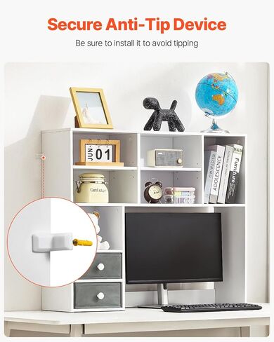 VEVOR Desktop Bookshelf, 3-Tier Desktop Storage Organizer, 37" x 10" x 31.1" Office Storage Rack Wood Display Shelf, Desktop Bookshelf Hutch with Two Fabric Drawers, for Office, Home & Dorm, White in Saudi Arabia