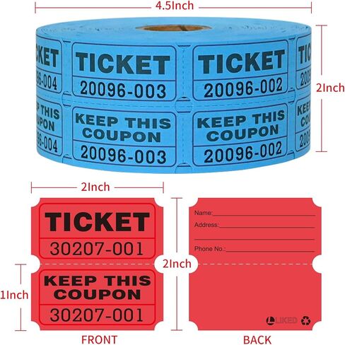 L LIKED 2000 Raffle Tickets Double Rolls 50/50 Stub Tickets with Consecutive Numbers 1000 Pairs per Roll,2 Rolls-Green,Red in Kuwait