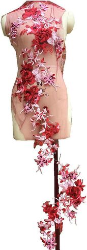 2 Pcs Colorful Lace Embroidery Flower Applique Patch Decals with Pearl Sequins Eugen Yarn Handmade Wedding Dress Decor DIY Clothes Fabric (Green) in Kuwait