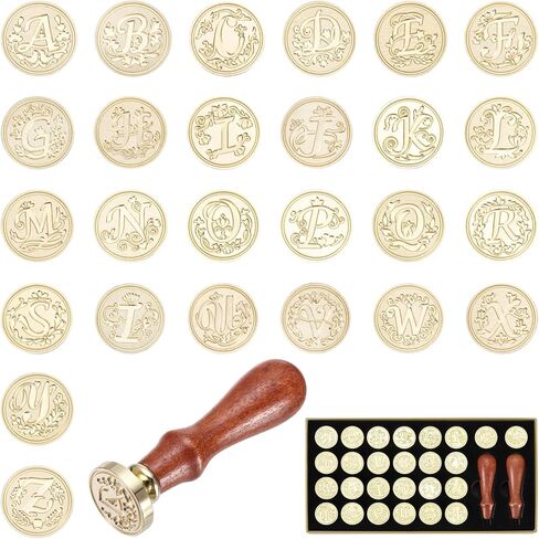 PATIKIL Brass Letter Wax Seal Stamp Heads & 2Pcs Ergonomic Handles Kit, 26 Custom A-Z Plant Leaves Monogram Wax Sealing Set for Envelopes Wedding Party Invitations, Vintage Brown Gift Box in Kuwait