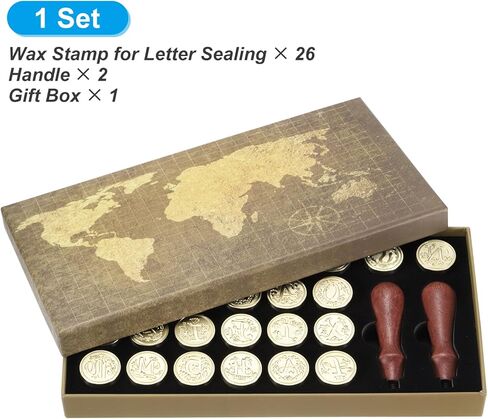 PATIKIL Brass Letter Wax Seal Stamp Heads & 2Pcs Ergonomic Handles Kit, 26 Custom A-Z Plant Leaves Monogram Wax Sealing Set for Envelopes Wedding Party Invitations, Vintage Brown Gift Box in Kuwait