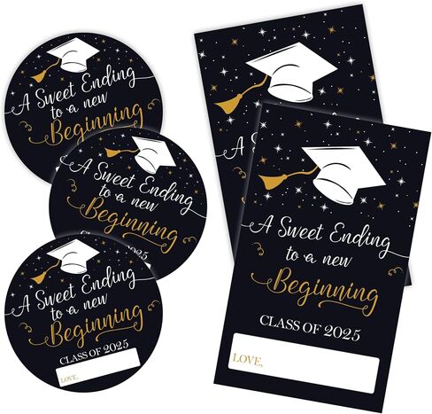 Graduation Sticker Set - A Sweet Ending to A New Beginning - 40 Self Adhesive Labels, Round & Tag Shaped, Each 20 Pcs for Gift Wrapping, Envelopes - Boys Girls Party Supplies（Black）- F02 in Kuwait