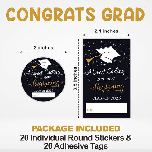 Graduation Sticker Set - A Sweet Ending to A New Beginning - 40 Self Adhesive Labels, Round & Tag Shaped, Each 20 Pcs for Gift Wrapping, Envelopes - Boys Girls Party Supplies（Black）- F02 in Kuwait