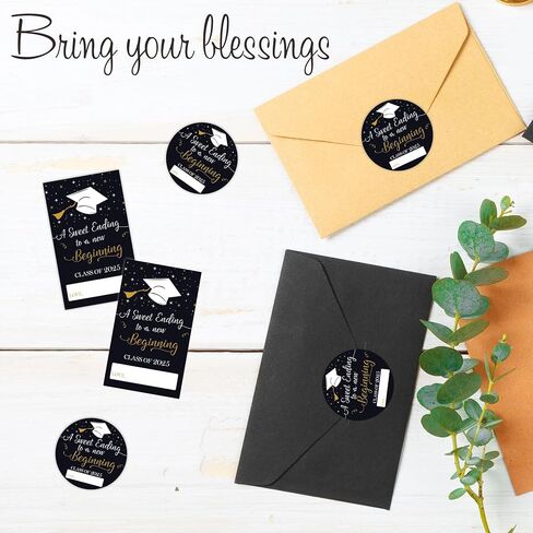 Graduation Sticker Set - A Sweet Ending to A New Beginning - 40 Self Adhesive Labels, Round & Tag Shaped, Each 20 Pcs for Gift Wrapping, Envelopes - Boys Girls Party Supplies（Black）- F02 in Kuwait