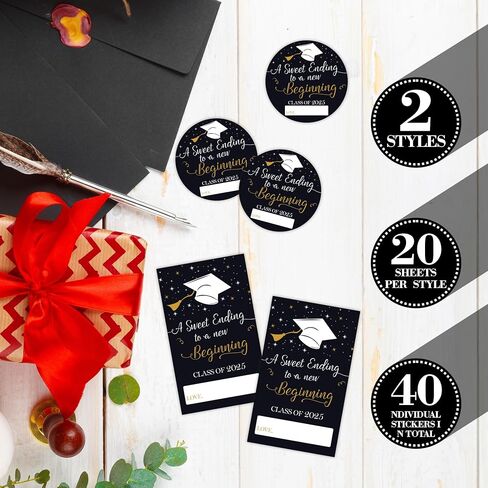 Graduation Sticker Set - A Sweet Ending to A New Beginning - 40 Self Adhesive Labels, Round & Tag Shaped, Each 20 Pcs for Gift Wrapping, Envelopes - Boys Girls Party Supplies（Black）- F02 in Kuwait