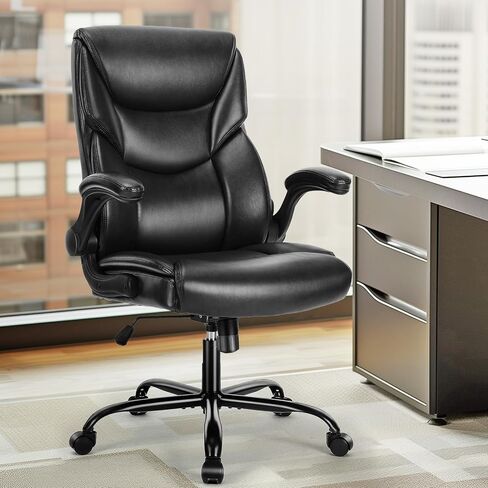 Office Chair - Ergonomic Executive Computer Desk Chairs with Adjustable Flip-up Armrest, Swivel Task Chair with Lumbar Support, Strong Metal Base, PU Leather, Black in Saudi Arabia