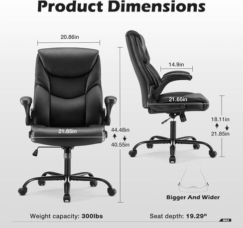 Office Chair - Ergonomic Executive Computer Desk Chairs with Adjustable Flip-up Armrest, Swivel Task Chair with Lumbar Support, Strong Metal Base, PU Leather, Black in Saudi Arabia