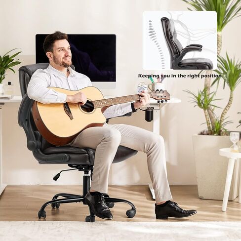 Office Chair - Ergonomic Executive Computer Desk Chairs with Adjustable Flip-up Armrest, Swivel Task Chair with Lumbar Support, Strong Metal Base, PU Leather, Black in Saudi Arabia