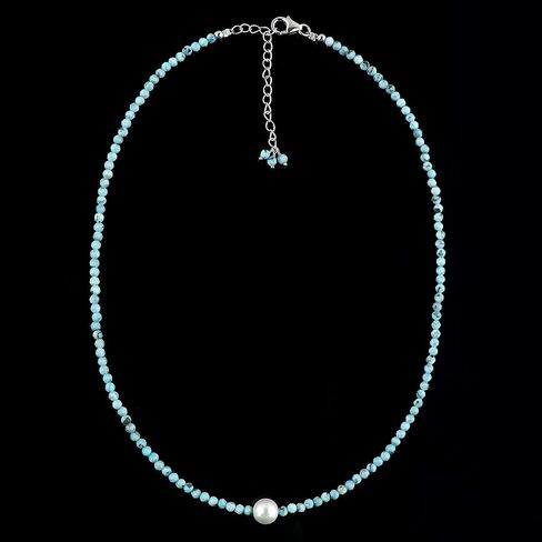 CRYSTALIS Natural Larimar Beads Adjustable Choker Necklace with Elegant Pearl, High Grade Beaded Crystals, Chakra Healing Gemstone, Gift Giving Women Jewelry, 925 Sterling Silver 18 inch in Kuwait