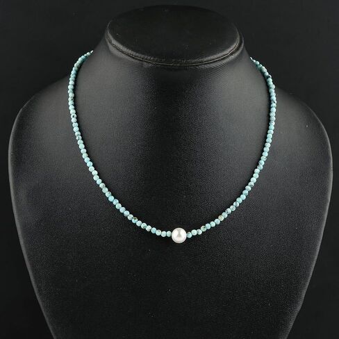 CRYSTALIS Natural Larimar Beads Adjustable Choker Necklace with Elegant Pearl, High Grade Beaded Crystals, Chakra Healing Gemstone, Gift Giving Women Jewelry, 925 Sterling Silver 18 inch in Kuwait