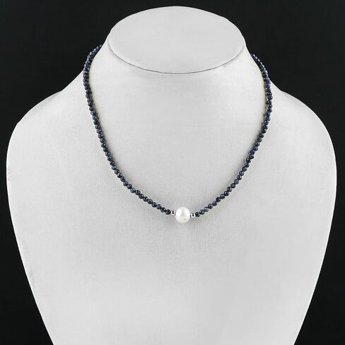 CRYSTALIS Natural Larimar Beads Adjustable Choker Necklace with Elegant Pearl, High Grade Beaded Crystals, Chakra Healing Gemstone, Gift Giving Women Jewelry, 925 Sterling Silver 18 inch in Kuwait