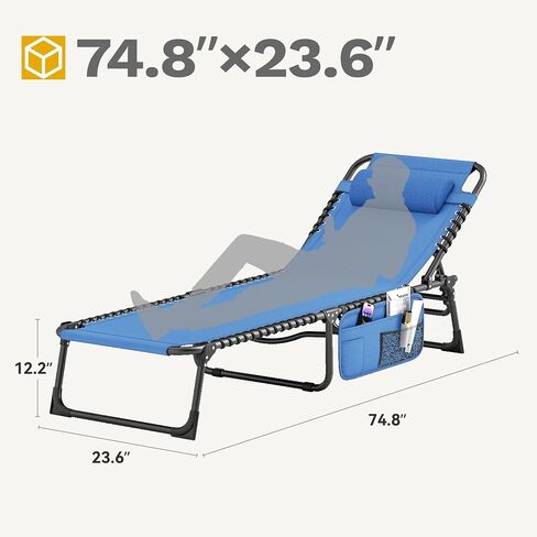 DWVO Patio Lounge Chair, Portable Recliner Lounge Chair Folding Camping Cot, Reclining Chairse Lounge 5 Posistion Adjustable w/Head Pillow & Portable Handbag for Camping, Pool, Beach and Patio, Blue in Saudi Arabia