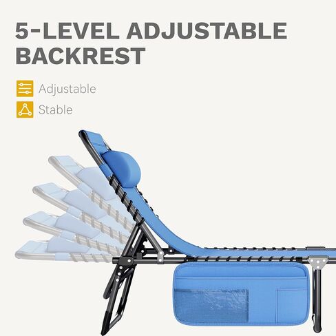 DWVO Patio Lounge Chair, Portable Recliner Lounge Chair Folding Camping Cot, Reclining Chairse Lounge 5 Posistion Adjustable w/Head Pillow & Portable Handbag for Camping, Pool, Beach and Patio, Blue in Saudi Arabia
