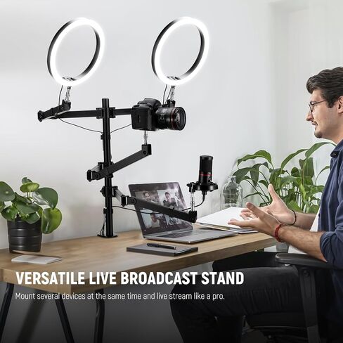 NEEWER Overhead Camera Desk Mount Rig Stand with 2 Boom Arms for Photography Devices: Video Light Ring Light Phone Mount Webcam Mic Compact DSLR for Home Office Studio Live Streaming Broadcast, ST008 in Saudi Arabia