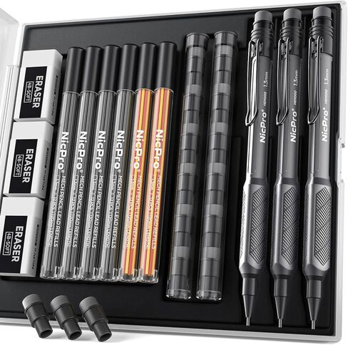 Nicpro 3 PCS 1.3 mm Mechanical Pencil Set with 72 PCS Lead Refill,3 Erasers-HD1000 Carpenter Pencils, Weatherproof Metal Heavy Duty Construction Pencil for Outdoor Marking Drafting Drawing Woodworking in Saudi Arabia