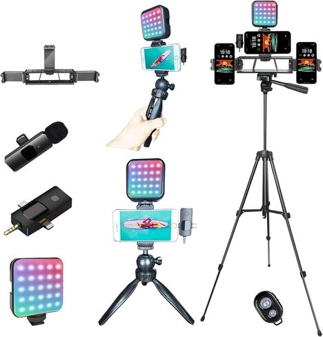 Vlogging Kit for iPhone,Vlogging Kit for Andriod Phone,Vlogging Camera Kit,with Tripod 60" / Multiple Holders/RGB Light/Lavalier Mic/Remote in Saudi Arabia